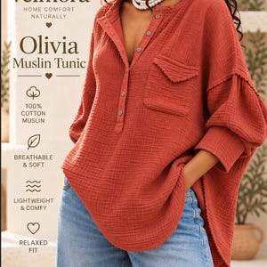 May include: A rust-colored long-sleeve muslin tunic featuring a button-down placket, a single chest pocket, and a relaxed fit. The garment is paired with blue denim jeans and a multi-strand white beaded necklace. Text on the image reads Velmora, Olivia Muslin Tunic, 100% Cotton Muslin, Breathable & Soft, Lightweight & Comfy, Relaxed Fit.