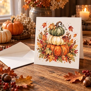 May include: A square greeting card featuring a watercolour illustration of a stack of three pumpkins in green, white, and orange. The pumpkins are surrounded by autumn leaves, red berries, and acorns. A white envelope sits next to the folded card.