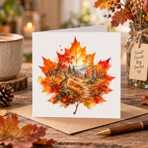 Hare Greeting Card, Autumn Maple Leaf Woodland Path, Blank Inside, 5.5 Inch Square