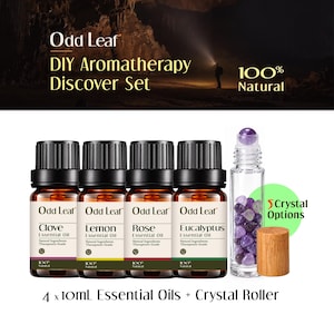 Könnte beinhalten: Ein DIY-Aromatherapie-Set von Odd Leaf mit vier 10-ml-Braunglasflaschen mit ätherischen Ölen aus Nelke, Zitrone, Rose und Eukalyptus mit schwarzen Kappen sowie einer klaren Glas-Roll-on-Flasche gefüllt mit violetten Kristallen und Holzdeckel.