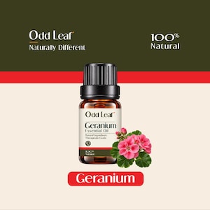 May include: A brown glass bottle of Odd Leaf Geranium Essential Oil with a black cap. The label features the text Odd Leaf, Geranium Essential Oil, Natural Ingredients, Therapeutic Grade, and 100% Natural. Pink geranium flowers are shown.