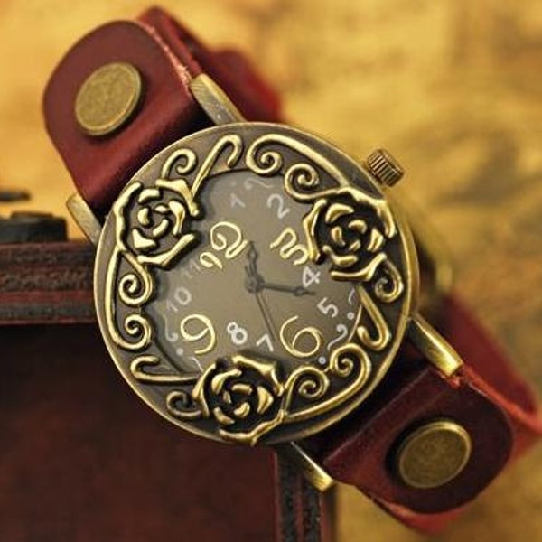 Handmade Leather  Bracelet Watch - Vintage Style with Metal Rose 30% SALE Last Day