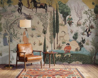 Oriental Landscape Peel and Stick Wallpaper, Vintage Scenic Wall Mural, Renter Friendly Removable Wallpaper