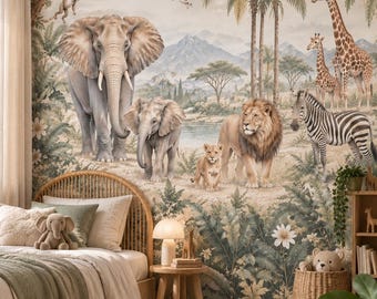 Papel pintado autoadhesivo con motivos de animales de safari, mural infantil de la jungla (removible)
