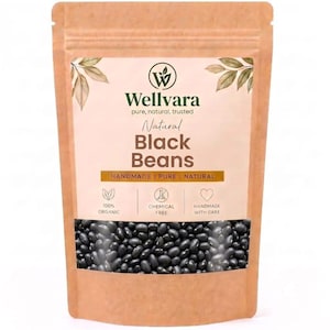 May include: A brown kraft paper stand-up pouch containing black beans. The label features the text Wellvara, Natural Black Beans, Handmade, Pure, Natural, 100% Organic, Chemical Free, and Handmade With Care, along with leaf illustrations.