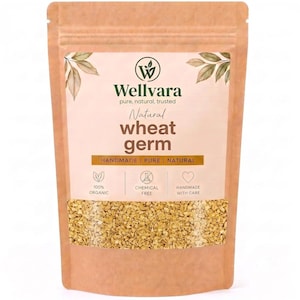 May include: A brown paper stand-up pouch containing wheat germ. The label features the text Wellvara, Natural wheat germ, HANDMADE | PURE | NATURAL, 100% ORGANIC, CHEMICAL FREE, and HANDMADE WITH CARE, along with leaf illustrations and icons.