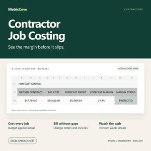 May include: A digital download of an Excel spreadsheet template for contractor job costing. The dark green graphic displays a spreadsheet view with columns for revised contract, EAC cost, forecast profit, forecast margin, and margin status.