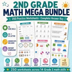 Op de afbeelding: Een 2nd Grade Math Mega Bundle educatief pakket met 250 oefenbladen en antwoordsleutels. De set behandelt 14 kernvaardigheden, waaronder plaatswaarde, optellen, aftrekken, tekstproblemen, tijd, geld, breuken en meetkunde voor groep 4.