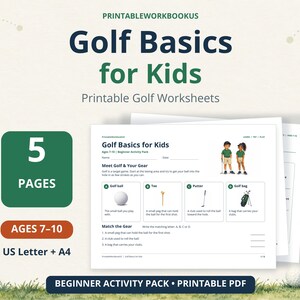Peut inclure: Un pack d'activités PDF imprimable intitulé Golf Basics for Kids, comprenant 5 pages de fiches pédagogiques pour les 7-10 ans. Le document contient des illustrations d'équipement de golf, des exercices d'association et des instructions au format A4.