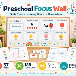 Pode incluir: Um kit educativo para parede de aprendizagem pré-escolar com um grande quadro de exibição com seções para dias, números, letras, cores, formas, clima e estações. Inclui folhas de trabalho imprimíveis, cartões recortáveis e etiquetas coloridas.