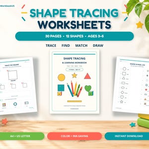 May include: A set of shape tracing worksheets for children ages 3-5, featuring 30 pages and 12 shapes. The cover page displays colorful shapes and pencils, while the interior pages include tracing exercises, shape matching, and real-life shape identification.