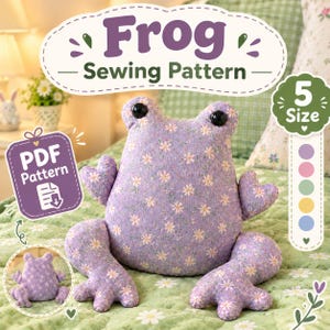 May include: A plush frog toy made of light purple fabric with a white daisy floral pattern. The frog has two large black button eyes and heart-shaped hands. Text on the image reads Frog Sewing Pattern, PDF Pattern, and 5 Size.