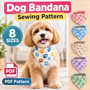 Peut inclure: Un patron de couture PDF numérique pour bandana de chien disponible en 8 tailles. L'image montre un chien clair portant un bandana crème à motifs de pattes bleues et brunes, avec une colonne de cinq bandanas rose, bleu, beige, violet et vert.
