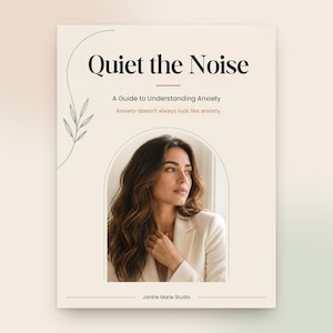 May include: A book cover titled Quiet the Noise: A Guide to Understanding Anxiety. The text Anxiety doesn't always look like anxiety is printed below the title. A central arch frame displays a photograph of a person with long wavy hair.