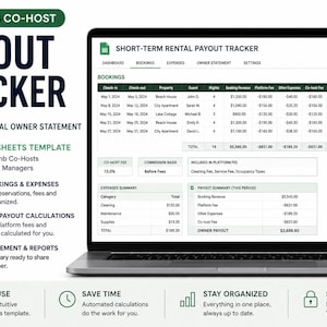 May include: A laptop displaying a Google Sheets template titled Short-Term Rental Payout Tracker. The screen shows tables for bookings, expenses, and payout summaries. Text on the left highlights features like automatic calculations and owner reports.