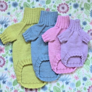 Puede incluir: Cuatro jerséis de punto para perros en diferentes colores: verde, azul, rosa y morado. Los jerséis tienen un estilo de cuello alto y están hechos con un hilo suave y texturizado.