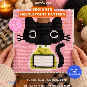 May include: A square needlepoint canvas featuring a black cat design on a pink background. The cat is positioned above a yellow and green potion bottle. Text on the image reads: POTION CAT, BEGINNER NEEDLEPOINT PATTERN, BEGINNER FRIENDLY, INSTANT PDF DOWNLOAD, 4 x 4 IN, SMALL COLOR PALETTE, DIGITAL PATTERN, NO PHYSICAL ITEM.