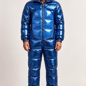 May include: A metallic blue, full-body puffer jumpsuit featuring a quilted design, a front zipper closure, and an attached hood with two rounded ears on top. The garment has long sleeves with ribbed cuffs and integrated foot coverings.
