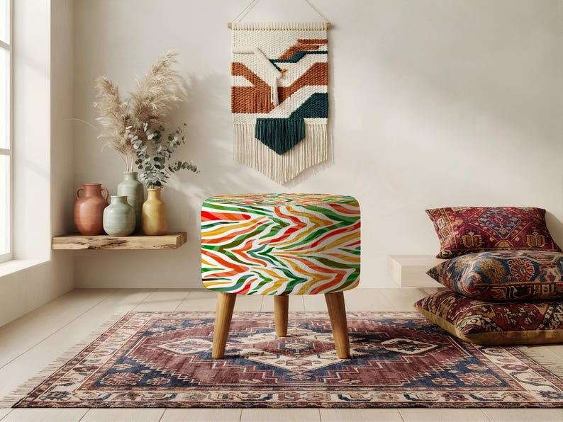 Pouf ottoman à motifs, aspect patchwork, tabouret d'appoint pour chevet, siège pour petits espaces image 8