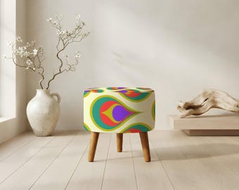 Round Accent Stool, Bright Color Print, Bedroom Foot Stool, Anniversary Gift Idea