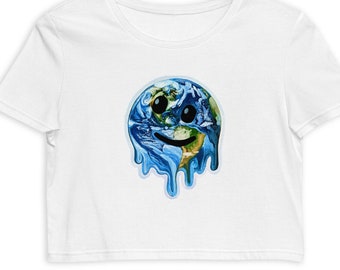 Organic Melting Earth Emoji Crop Top | Climate Art | 100% of Profits Donated to Climate Non-profit