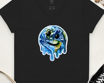 Women’s Melting Earth Emoji recycled v-neck t-shirt | 100% of Profits Donated to Climate Non-profit