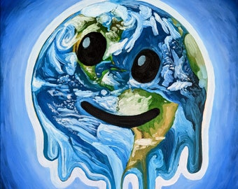 Melting Earth Emoji 20 x 20 in Original Painting | Climate Art | 100% of Profits Donated to Climate Non-profit