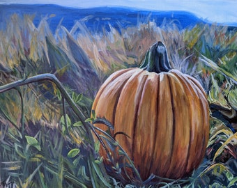 Pittura di patch di zucca / Pittura paesaggistica autunnale originale 14 x 18 pollici.