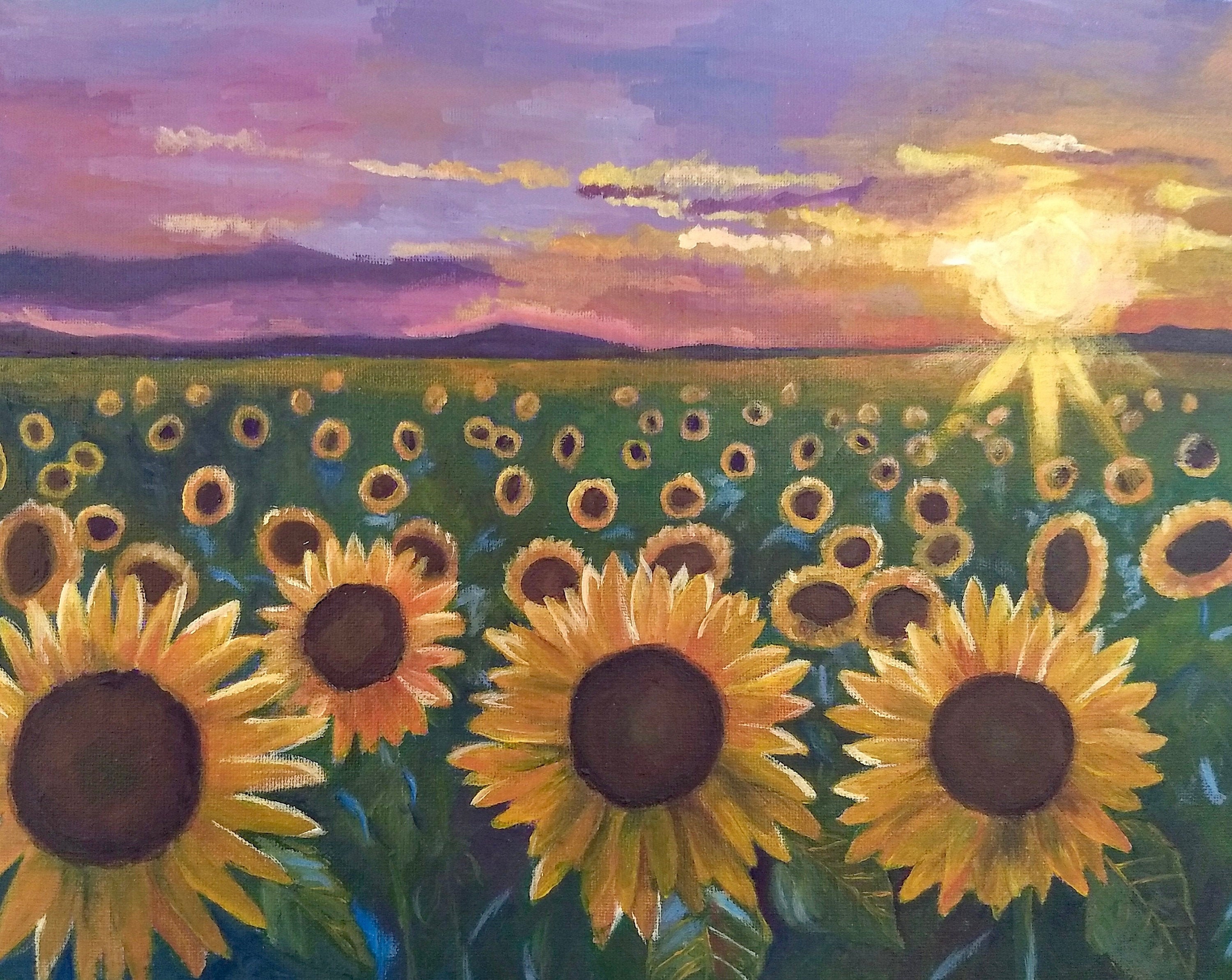 Sunset over a Field of Sunflowers -- Original Painting