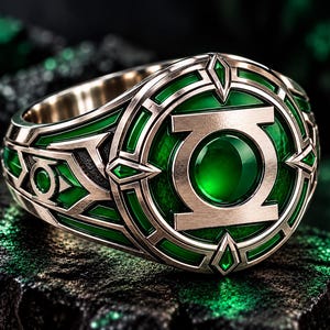 Może przedstawiać: Metalowy pierścień z okrągłą tarczą, wyraźnym zielonym środkiem i symbolem Green Lantern. Obrączka wykonana jest z misternie zdobionego metalu w kolorze srebra, z akcentami w postaci ciemnozielonych emaliowanych wstawek i geometrycznych wzorów.