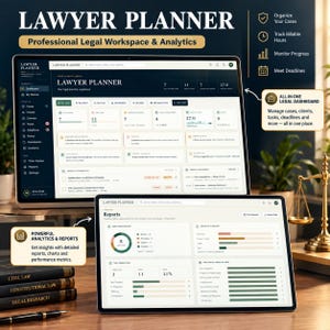 May include: A digital Lawyer Planner software interface displayed on a computer monitor and a tablet. The screens show a legal dashboard with case analytics, task tracking, deadlines, and reports. The text includes Lawyer Planner and Professional Legal Workspace & Analytics.