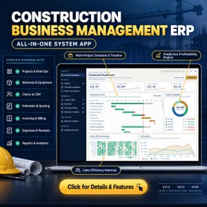 May include: A laptop displaying a construction business management ERP software interface with a command dashboard, project schedules, and profitability charts. A yellow hard hat and rolled blueprints sit on the desk next to the screen.
