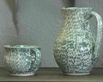 Handmade Spongeware Pitcher & Creamer Set | Green and White Sponge Pottery | Cape Breton Studio Pottery, Artist Signed