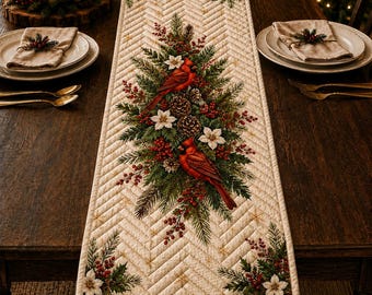 Cardinal Christmas Quilted Table Runner, Winter Berry Pine Holiday Table Decor