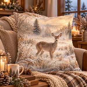 May include: A square throw pillow featuring a printed image of a deer standing in a snowy, frost-covered field during a golden sunrise. The scene includes tall, dried grasses and evergreen trees in the background, all dusted with white snow.