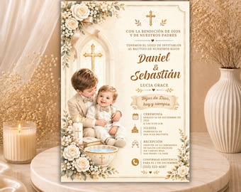 May include: A baptism invitation card featuring a cream background with gold accents, floral borders, and a cross. It displays two children, a candle, and a bowl, with Spanish text detailing the ceremony, church, and reception for Daniel and Sebastian.