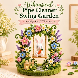 May include: A craft display featuring a white pipe cleaner rabbit holding an orange carrot on a swing, framed by a floral arch of pink, blue, and white flowers with green leaves. Text reads: Whimsical Pipe Cleaner Swing Garden Step-by-Step DIY Pattern.
