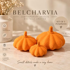 May include: A set of three orange pumpkins with a textured, layered surface finish. The pumpkins vary in size, featuring a central stem and a ribbed, rounded shape. The text BELCHARVIA CONTEMPORARY OBJECTS DIGITALLY CRAFTED is visible above.