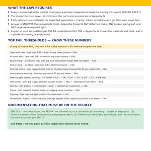 May include: A DOT Annual Inspection Prep Pack document, page 1 of 7, featuring a quick reference guide for commercial motor vehicle inspections. It lists legal requirements, top fail thresholds with specific measurements, and documentation rules.