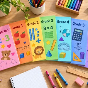 Könnte beinhalten: Ein Set aus sieben bunten Lernheften von Kindergarten bis zur 6. Klasse mit mathematischen Illustrationen wie Zahlen, Formen, Brüchen und Geometrie, die fächerförmig auf einer Holzoberfläche mit Buntstiften und einem Lineal angeordnet sind.