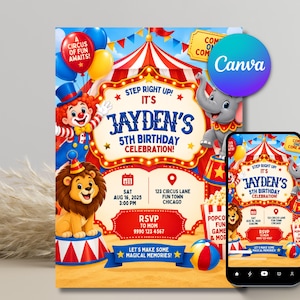 Könnte beinhalten: Eine Zirkus-Geburtstagseinladung für Jaydens 5. Geburtstag mit einem Clown, einem Löwen und einem Elefanten. Das Design enthält Grafiken eines rot-weiß gestreiften Zirkuszeltes, Luftballons, Popcorn sowie Angaben zu Datum, Uhrzeit und Veranstaltungsort.