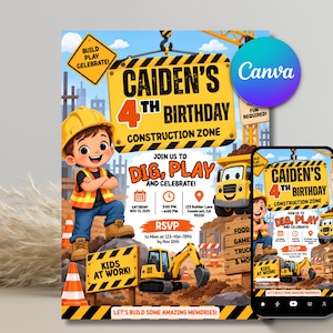 Könnte beinhalten: Eine Geburtstagseinladung zum Thema Baustelle mit einem Cartoon-Kind mit gelbem Schutzhelm, einem gelben Bagger und orangefarbenen Verkehrskegeln. Der Text lautet: CAIDEN'S 4TH BIRTHDAY CONSTRUCTION ZONE, JOIN US TO DIG, PLAY AND CELEBRATE!