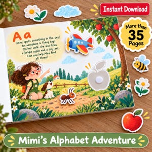 May include: A children's interactive activity book titled Mimi's Alphabet Adventure featuring a page with the letter A, a girl, a dog, and an aeroplane illustration. The page includes text, a velcro apple attachment, and a detachable ant sticker.