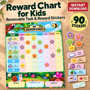 Könnte beinhalten: Ein Belohnungsdiagramm für Kinder mit einem Raster für Wochentage und Aufgaben. Es enthält bunte Blumenaufkleber, einen Marienkäfer, eine Biene und eine Schnecke. Text: Reward Chart for Kids, 90 Stickers, My Reward Chart.