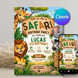 Könnte beinhalten: Eine Safari-Geburtstagseinladung für Lucas' 5. Geburtstag mit einer Giraffe, einem Löwen, einem Elefanten und einem Zebra. Der Text lautet Join us for a Safari Birthday Party, Saturday Nov 22, 2025, 3:00 PM - 6:00 PM, 123 Safari Lane, Wildlife City, CA 90210.