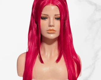 May include: A long, vibrant magenta wig styled with two high pigtails on a mannequin head. The hair is straight, featuring a center part with face-framing layers that fall past the shoulders. The wig has a smooth, synthetic texture and bright color.