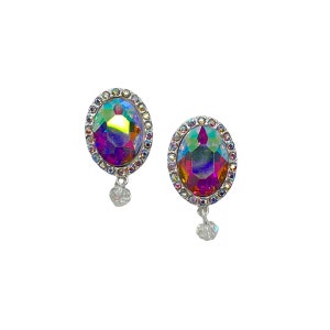 May include: A pair of silver earrings with iridescent oval-shaped stones surrounded by a halo of smaller clear stones. Each earring has a dangling clear stone.