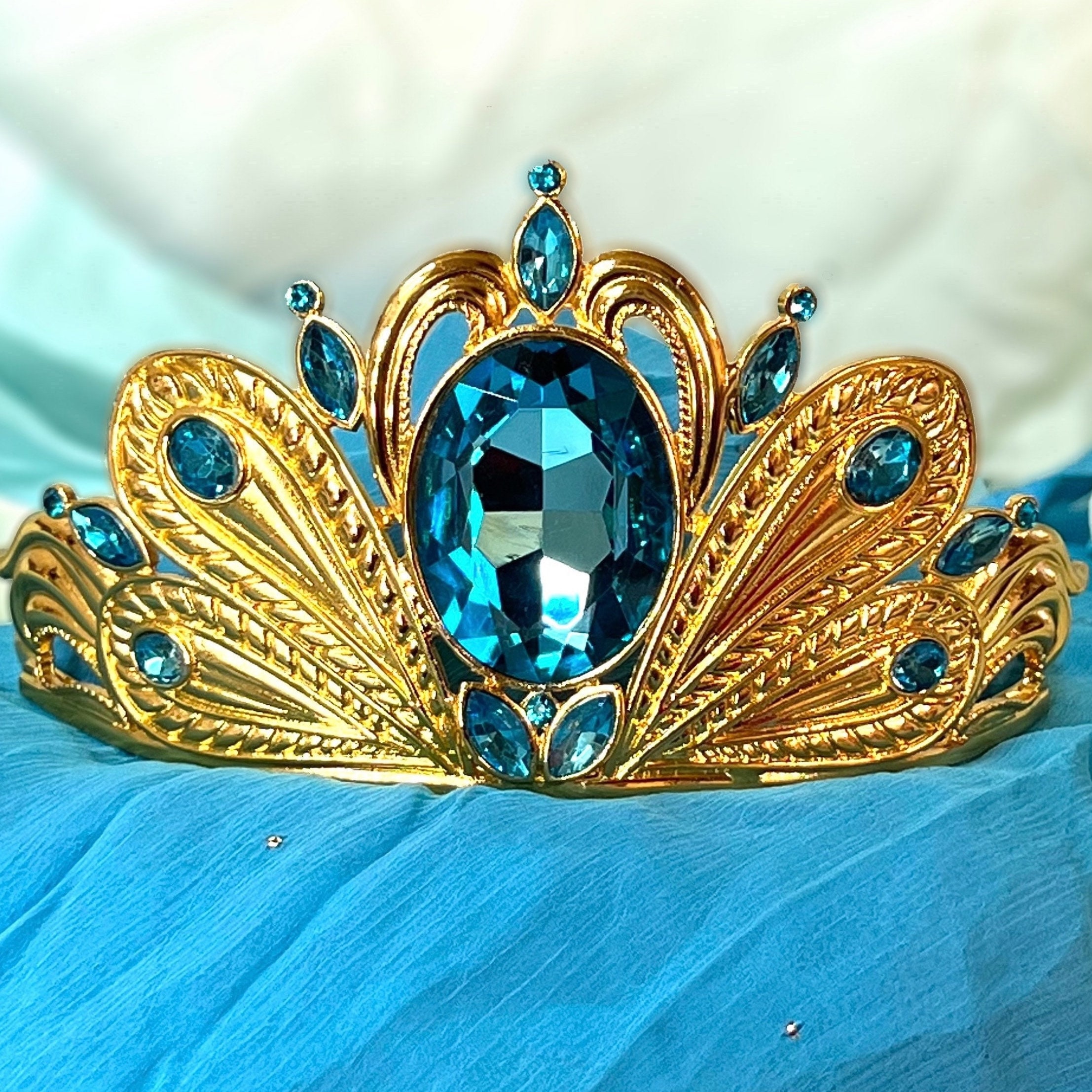 Gold Crystal Crown, Peacock Crown, Blue Crystal Tiara, Homecoming Prom Headpiece Peacock Tiara Crystal Rhinestone Metal Crown Jasmine  main image 2