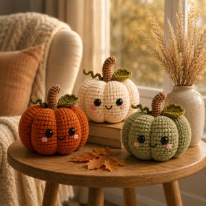 Puede incluir: Tres calabazas de ganchillo en color naranja, crema y verde salvia. Cada calabaza tiene un tallo marrón, una pequeña hoja verde, ojos de plástico negro y mejillas rosadas bordadas con una sonrisa negra, sobre una mesa de madera.