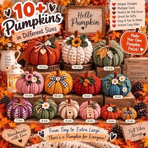 May include: A collection of thirteen crocheted pumpkins in various colors and sizes, ranging from 2 cm to 15 cm. Each pumpkin features a cinnamon stick stem, decorative leaves, flowers, or ribbons, and small wooden tags with text like Fall and Be Kind.